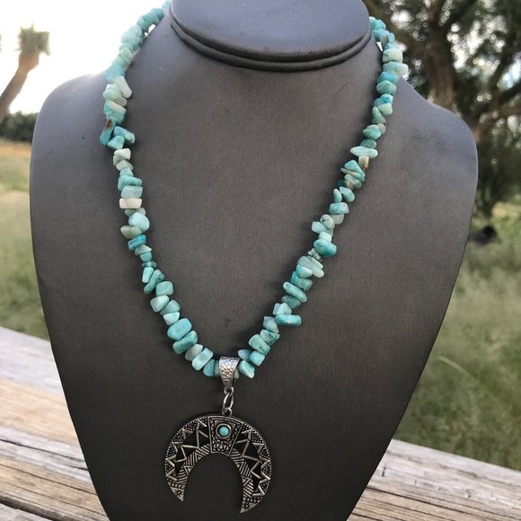 Southwestern Amazonite Gemstone Necklace Handmade Squash Blossom Silver Beaded - Picture 7 of 15